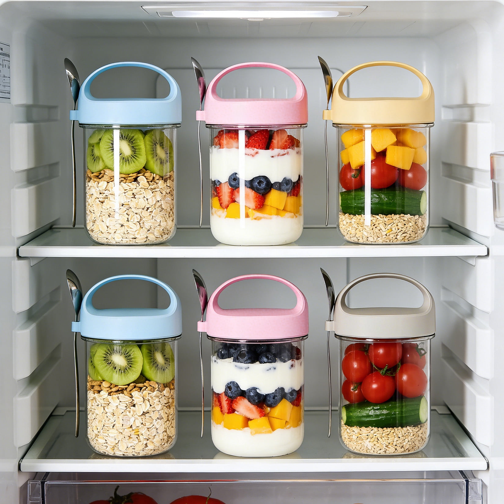 6 Pack Overnight Oats Jars with Lids and Spoons, 13–17 oz Glass Food Storage Containers with Airtight Leakproof Lids, Wide Mouth Mason Jar Cups for Yogurt, Salad, Meal Prep & Breakfast On The Go