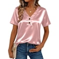 thumbnail image 2 of Otntypg Women Silk Satin Tops Elegant Summer Short Sleeve Blouse Dressy Casual Button V Neck Shirts Business Work Tunic T-Shirt Blouses Pink M, 2 of 9