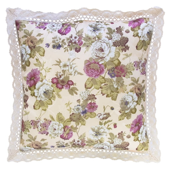 Vintage Floral Jacquard 15-inch Throw Pillow with Decorative Lace Trim in Cream