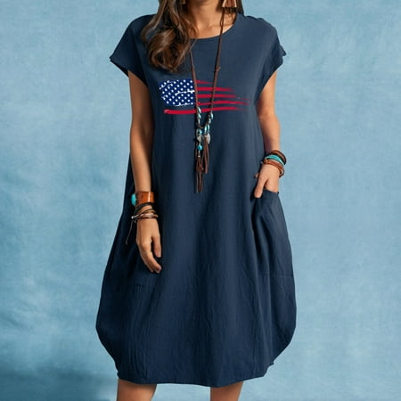 

Hvyesh Summer Dresses Women 2023 Plus Size Party Midi Dress American Flag Pattern Round Neck Sundresses Short Sleeve Breathable Dresses Navy