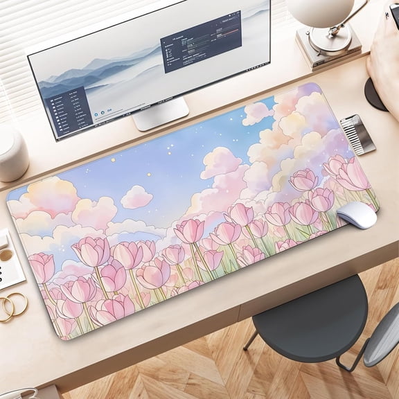 Anime Pink Mouse Pad Large, Gaming Mouse Pad for Desk, Anime Extended Desk Mousepad with Non-Slip Rubber Base Stitched Edge Keyboard Mat for Gaming Home Office, Pink, 35.4" x 15.7"
