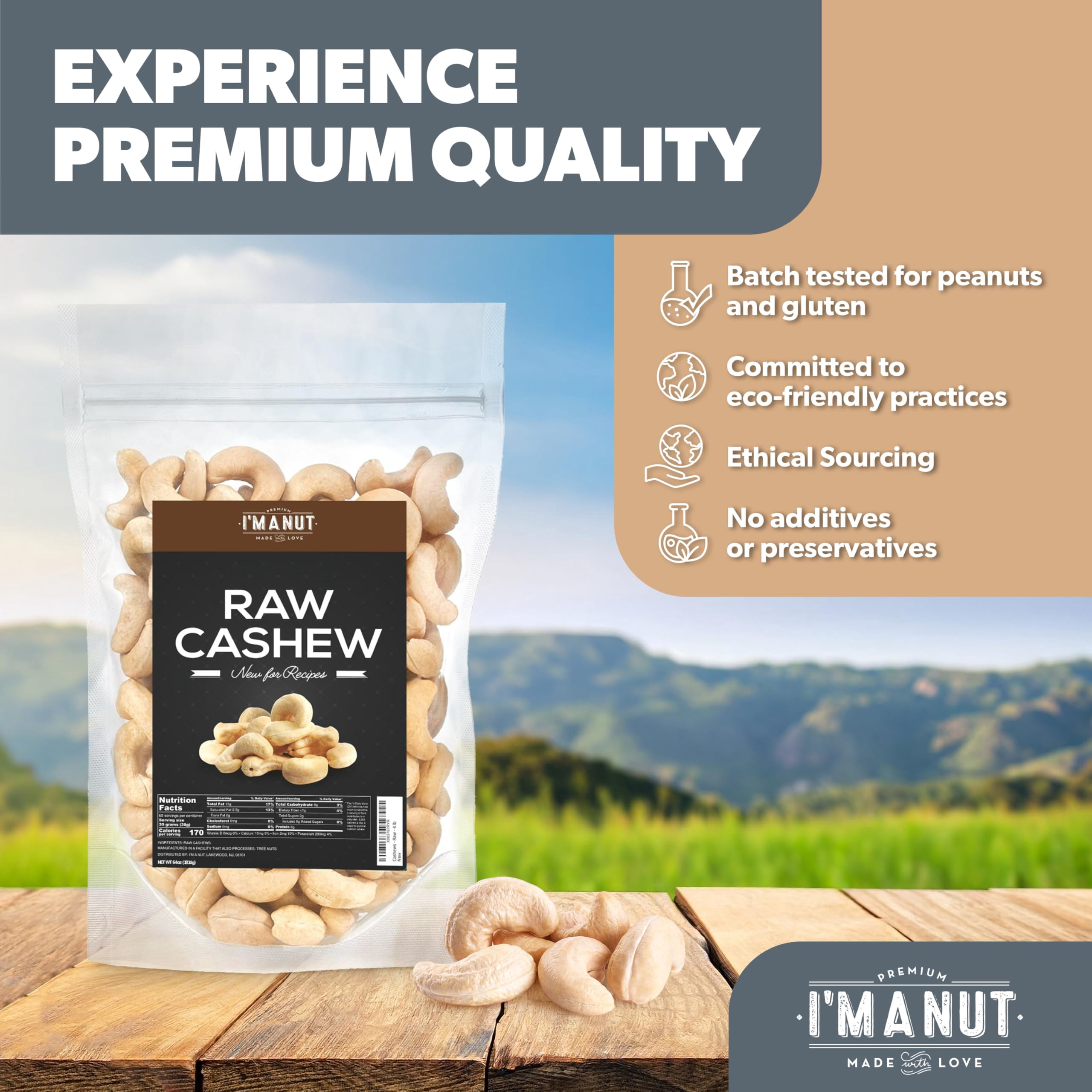 Raw Whole Cashews- 32 oz-100% Natural No Chemical Non GMO-Vegan and Kosher Batch Tested Gluten and Peanut Free I'M A NUT