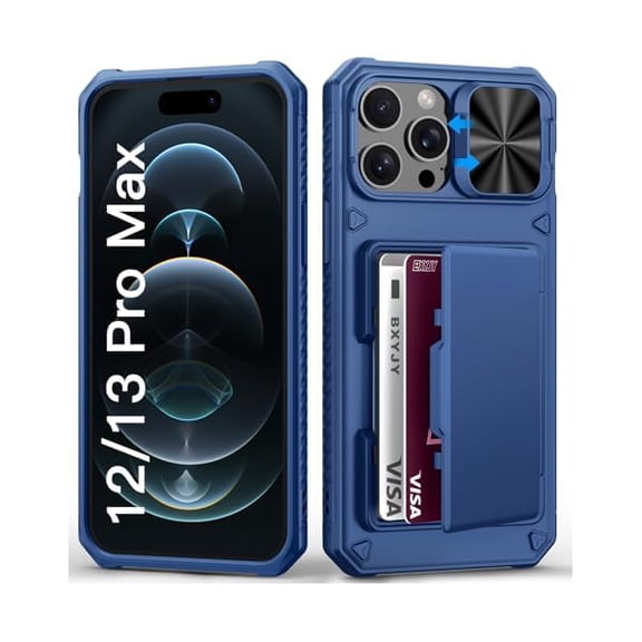 for iPhone 12 Pro Max & 13 Pro Max Case with Card Holder (4-5 Cards), Slide Camera Cover, Military Grade Drop, Rugged Heavy Duty Men Women Shockproof Phone Case for iPhone 12 Pro Max, Blue