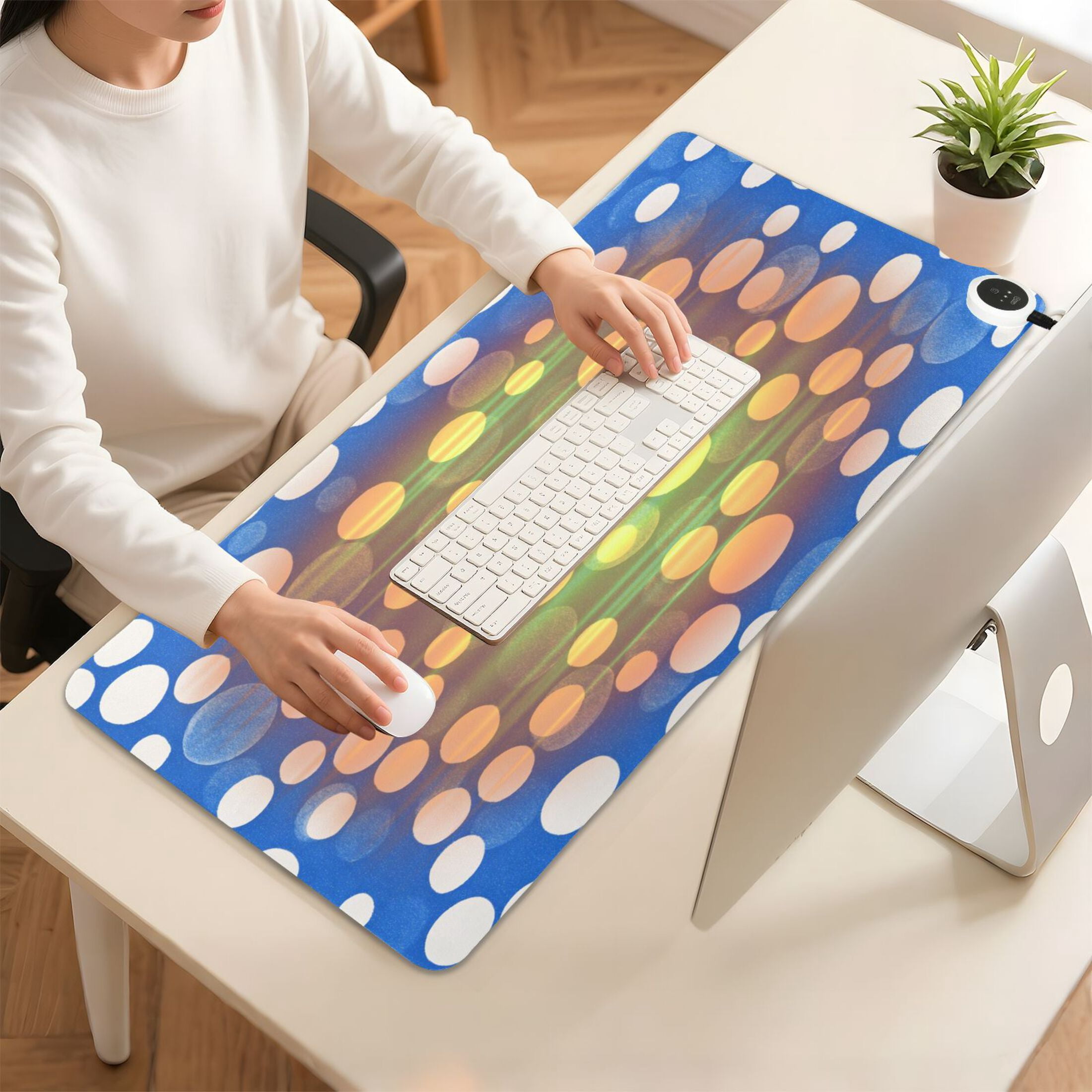 Large Heated Desk Mat Mouse Pad 31.5"x13"PU Leather Graphene Heating Desk Warmer with 3 Temperature Settings 110V US Plug Non-Slip Warm Pad for Home, Office, and Gaming Blue White Polka Dot