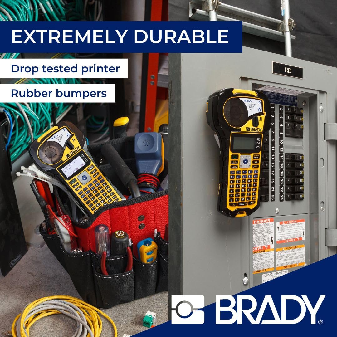 Brady M210 Portable Label Printer with Rubber Bumpers, Multi-Line Print, 6 to 40 Point Font (Replaces BMP21-PLUS Printer), Yellow/Black, 9.5 in H x 4.5 in W x 2.5 in D CA3