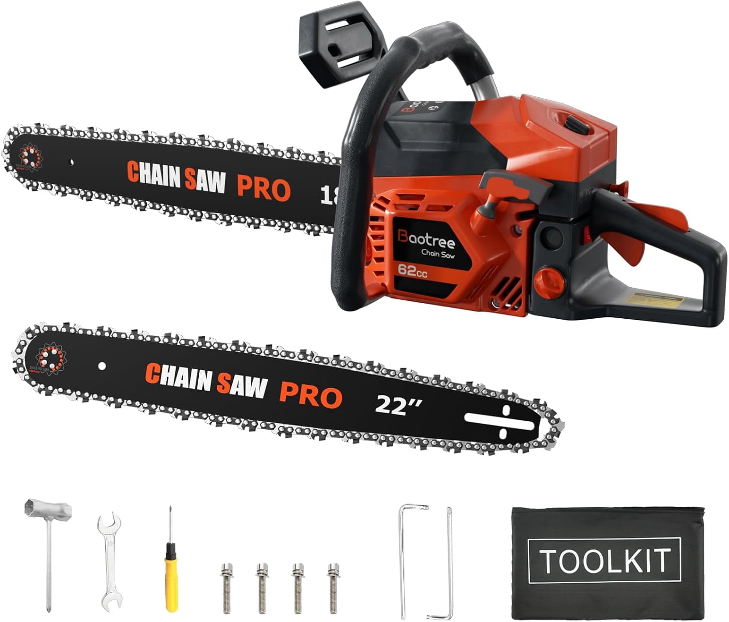 62cc Gas Chainsaw, 18 & 22 Inch Professional Chainsaw with 2-Cycle Engine & Anti-Vibration System, Quick Start Technology for Tree Cutting, Firewood, Logging (62CC 18in+22in)