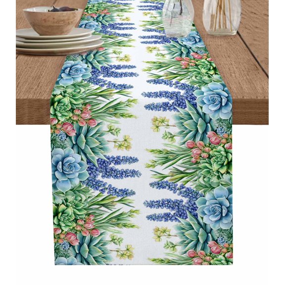 Spring Succulent Table Runner 72 Inches, Tropical Botanical Seasonal Summer Bed Runner Dresser Scarves Tabletop for Indoor Outdoor Parties/Ceremony/Banquet, 14" x 72"