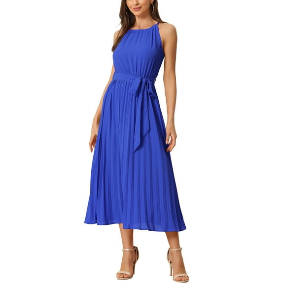 INSPIRE CHIC Women’s Casual Sleeveless Halter Neck Belted A-Line Cocktail Pleated Dress