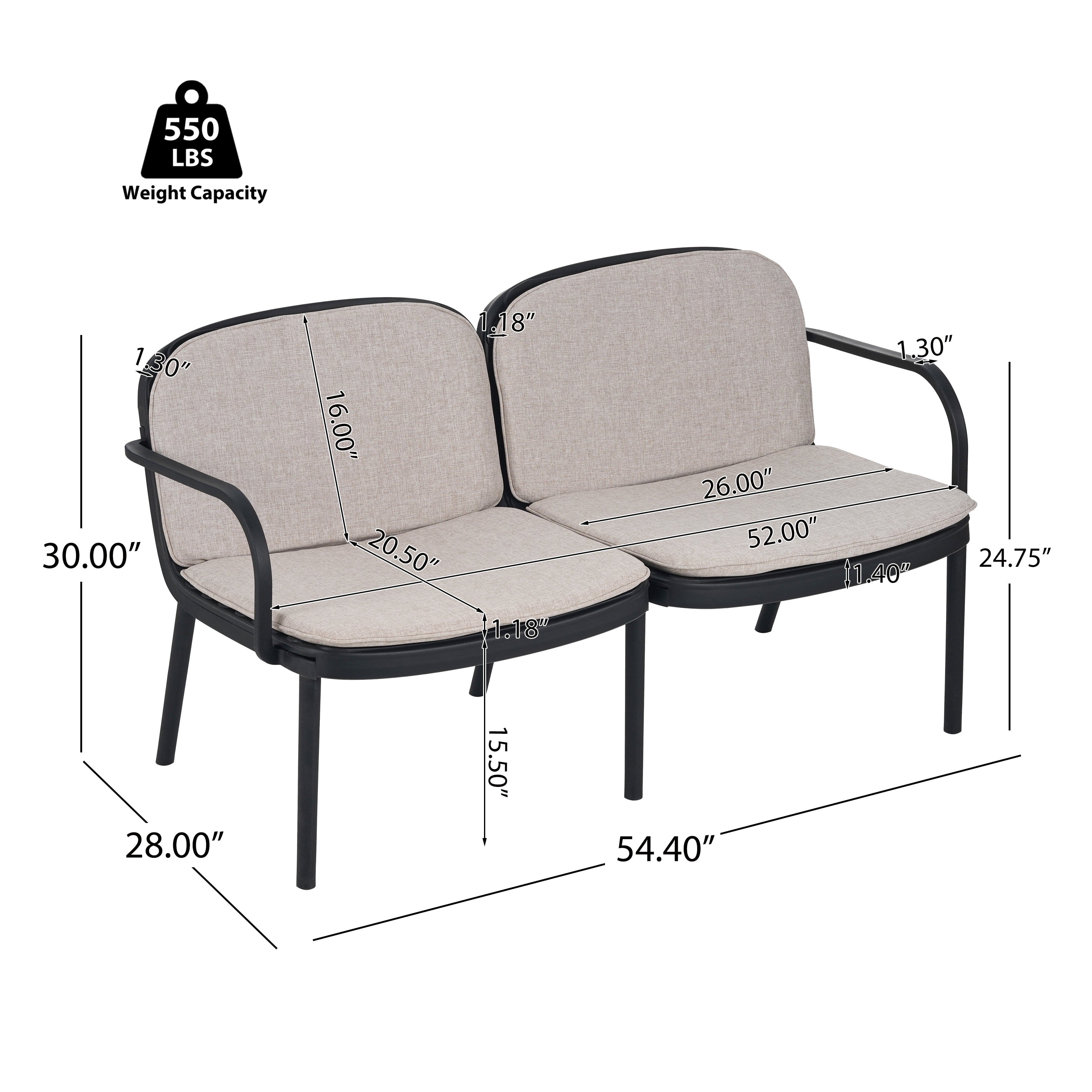 Patio Loveseat, Outdoor PP Sofa with Water-Repellent Fabric Cushion and High-Density Polypropylene Frame, Easy to Clean Design for Garden and Patio, Black Frame with Beige Cushion