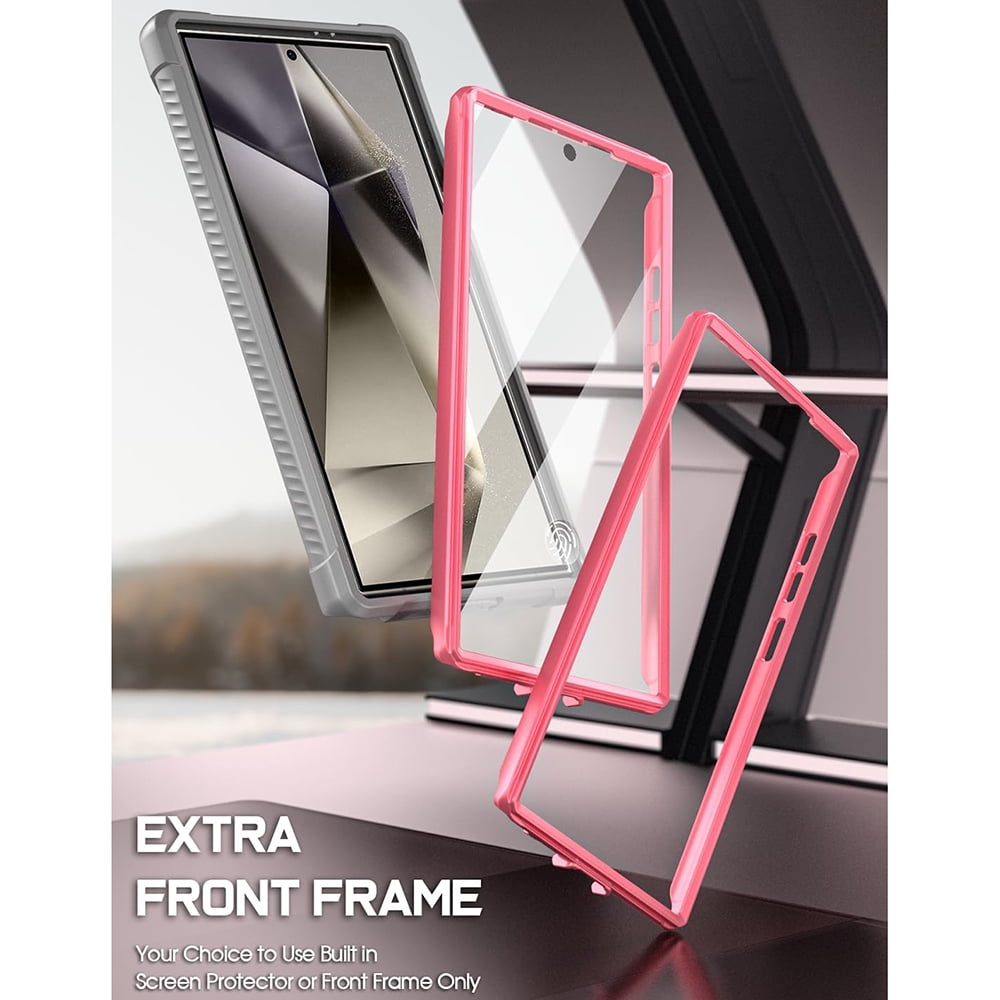 Poetic Guardian Case for Samsung Galaxy S24 Ultra 6.8", [Built-in Camera Stand] [Screen Protector Work with Fingerprint ID] Full Body Shockproof Protective Rugged Clear Cover, Pink/Clear