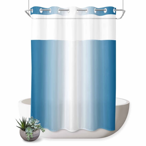 No Hook Shower Curtain, Blue Ombre Shower Curtains for Bathroom with See Through Top Window, Blue White Gradient Modern Abstract Art Waterproof & Washable Bath Curtain 60"x72"