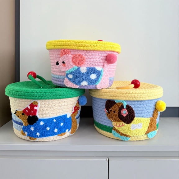 RKSTN Cute Puppy Small Rope Basket with Lid, 9x6 Small Round Woven Storage Baskets with lid for Organizing, Small Decorative Toy Basket, Funny Storage Bin Box for Toys, Gifts