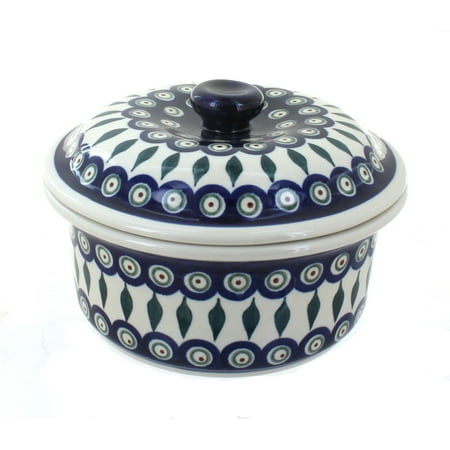 

Blue Rose Polish Pottery Peacock Round Baker with Lid