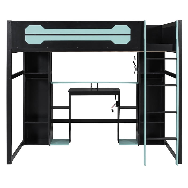 Full Size Wooden Gaming Loft Bed with Desk, RGB LED Lights, USB Charging Station, Wardrobe and Storage Cabinets, Space-Saving Loft Bed Frame with Workstation for Bedroom