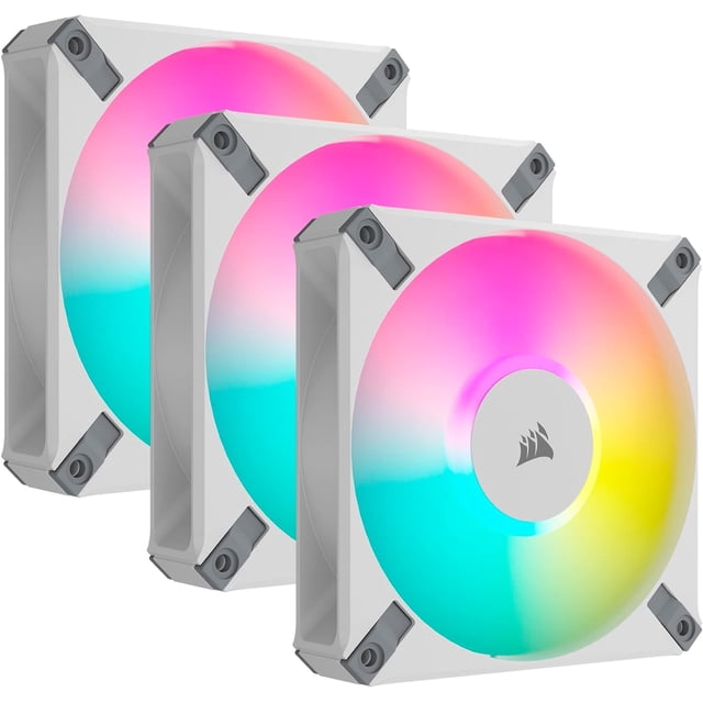 Corsair iCUE AF120 RGB ELITE de 120 mm Kit de Tres Ventiladores PWM - Ocho LED RGB por Ventilador - Tecnología AirGuide - Controlador iCUE Lighting Node CORE incluido - Blanco