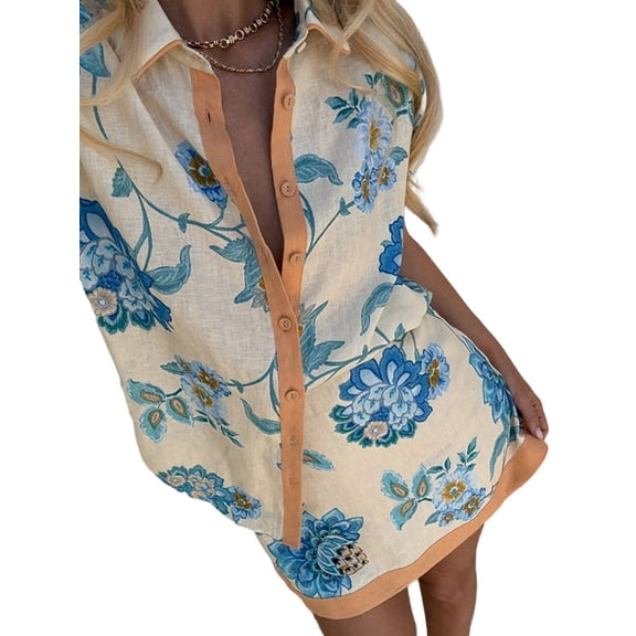 Women Summer 2 Piece Short Skirt Sets Short Sleeve Button and Skirt Travel Vacation Outfits L