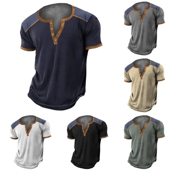 ZXLBBD Men's T-Shirts Patchwork Color Retro 4 Button Open Placket Short Sleeved Vintage Shirt Comfort Loose Fashion Clothes Casual Summer T-Shirt,Navy,S