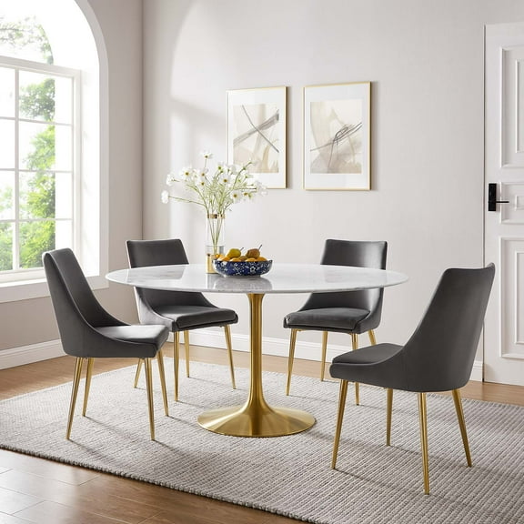 Modway Lippa 60" Round Faux Marble & Metal Dining Table in Gold and White