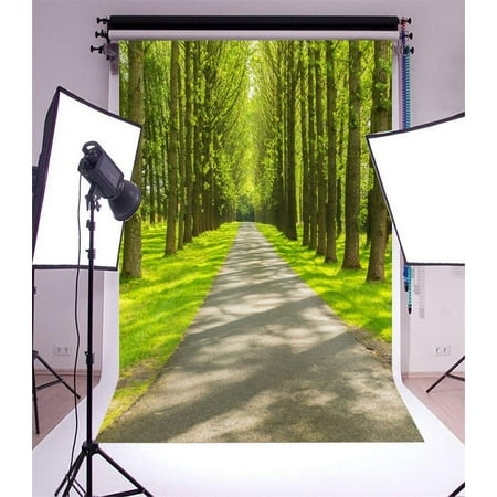 - ABPHOTO 5x7ft Photography Backdrop Spring Jungle Trees Green Leaves Grass Lawn Sunshine Concrete Road Nature Travel Photo Background Backdrops