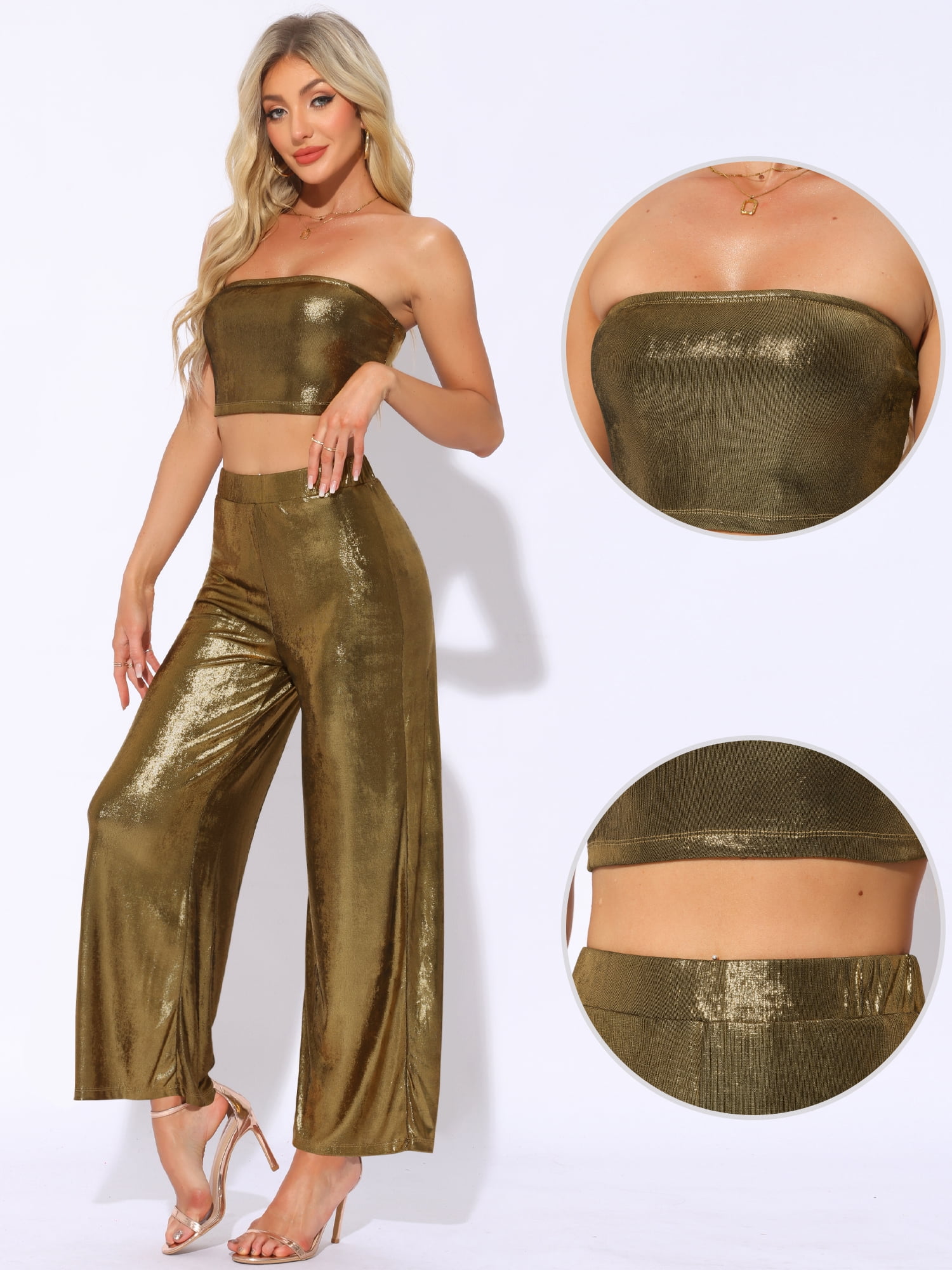 DARING DIVA Women's Metallic Party Club Flare Pants Cropped Tops Outfits XL Black Gold