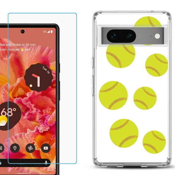 Slim-Fit Gel TPU Phone Case for Google Pixel 7, with Tempered Glass Screen Protector, by OneToughShield ® - Softball Seven