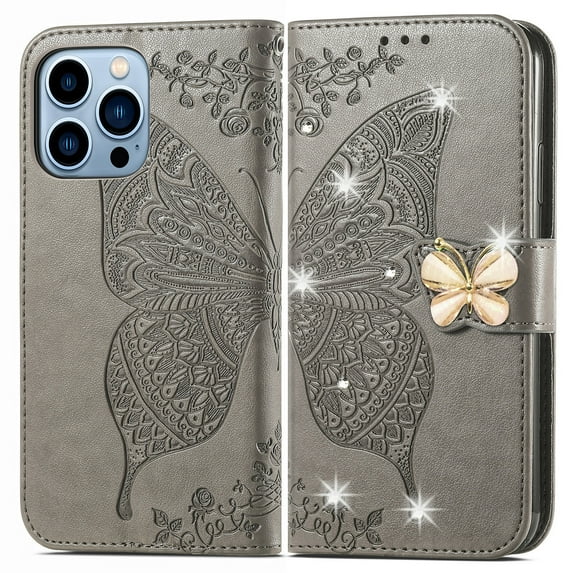 Allytech Wallet Case for Apple iPhone 13 Pro Max, Bling Sparkle Butterfly Design PU Leather Folio Flip Stand Shockproof Cards Slots Hand Wrist Cover Shell for Apple iPhone 13 Pro Max 6.7" -Gray