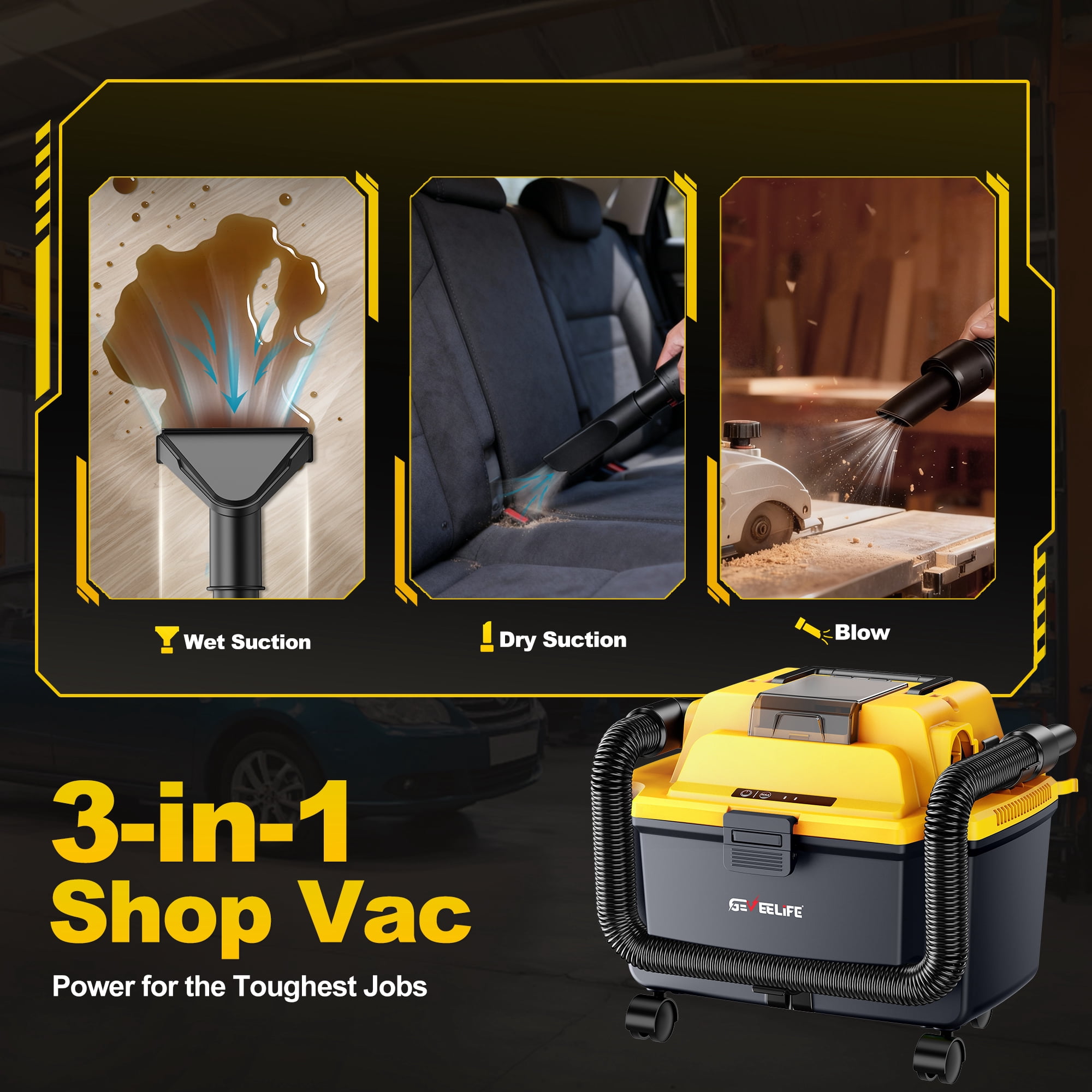Cordless Wet Dry Vacuum, 4.3 Gallon Shop Vac with 5.0Ah Battery and HEPA Filter, 3-in-1 Cleaner with Strap and Wheels for Garage, Car, Workshop