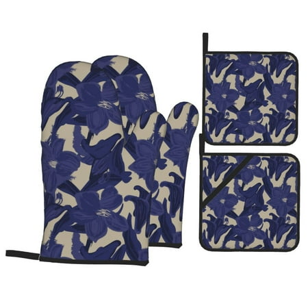 

Oven Mitts and Pot Holders 4 pcs Set Lilies Flowers Dark Blue Heat Resistant Pot Holders Oven Mitts for kitchen Non-Slip Hanging Loop Oven Glove Potholders for Baking Cooking