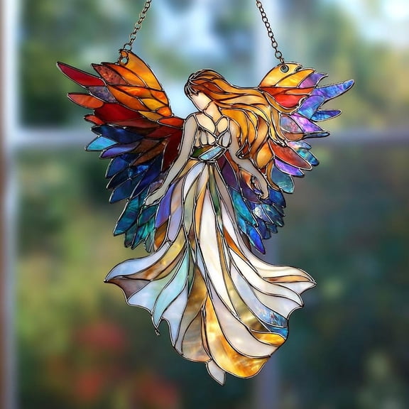 Colorful Angel Acrylic Suncatcher|Angel Acrylic Suncatcher Ornament|Rainbow Winged Guardian Faux Stained Glass Window Hanging Heavenly Decor