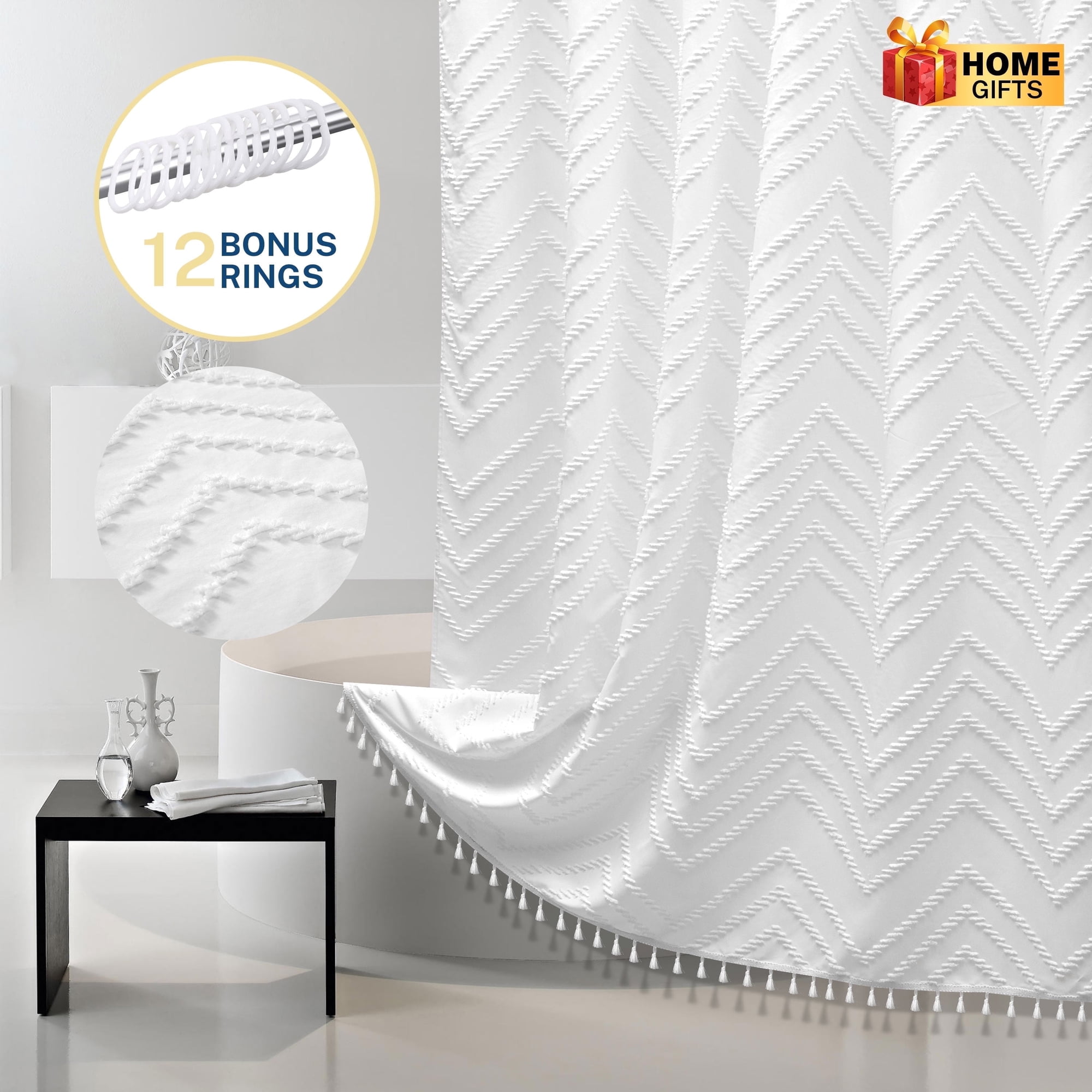 Siiluminisoy White Fabric Shower Curtains , Mildew-Resistant,Weighted-Hem Boho Bathroom Curtain,Water-Repellent, Machine-Washable,Chevron Textured Design,72 x 72