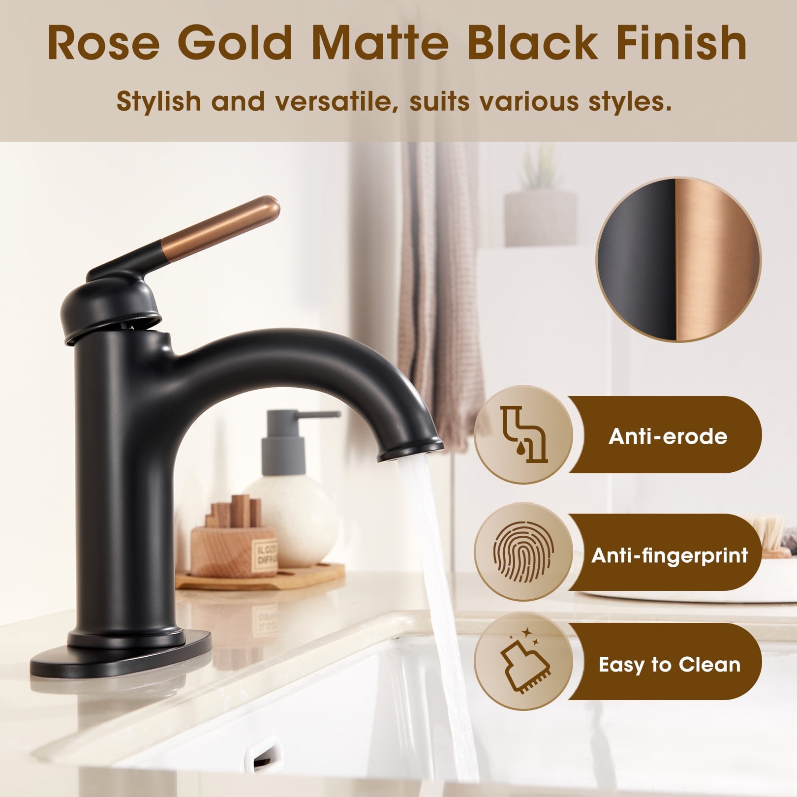 Wowkk Bathroom Faucet Rose Gold Matte Black Bathroom Sink Faucets Single Handle Vanity Faucet Pop-Up Drain Included, Modern RV Faucet with Water Supply Line and Deck Mount 1 Hole or 3 Hole