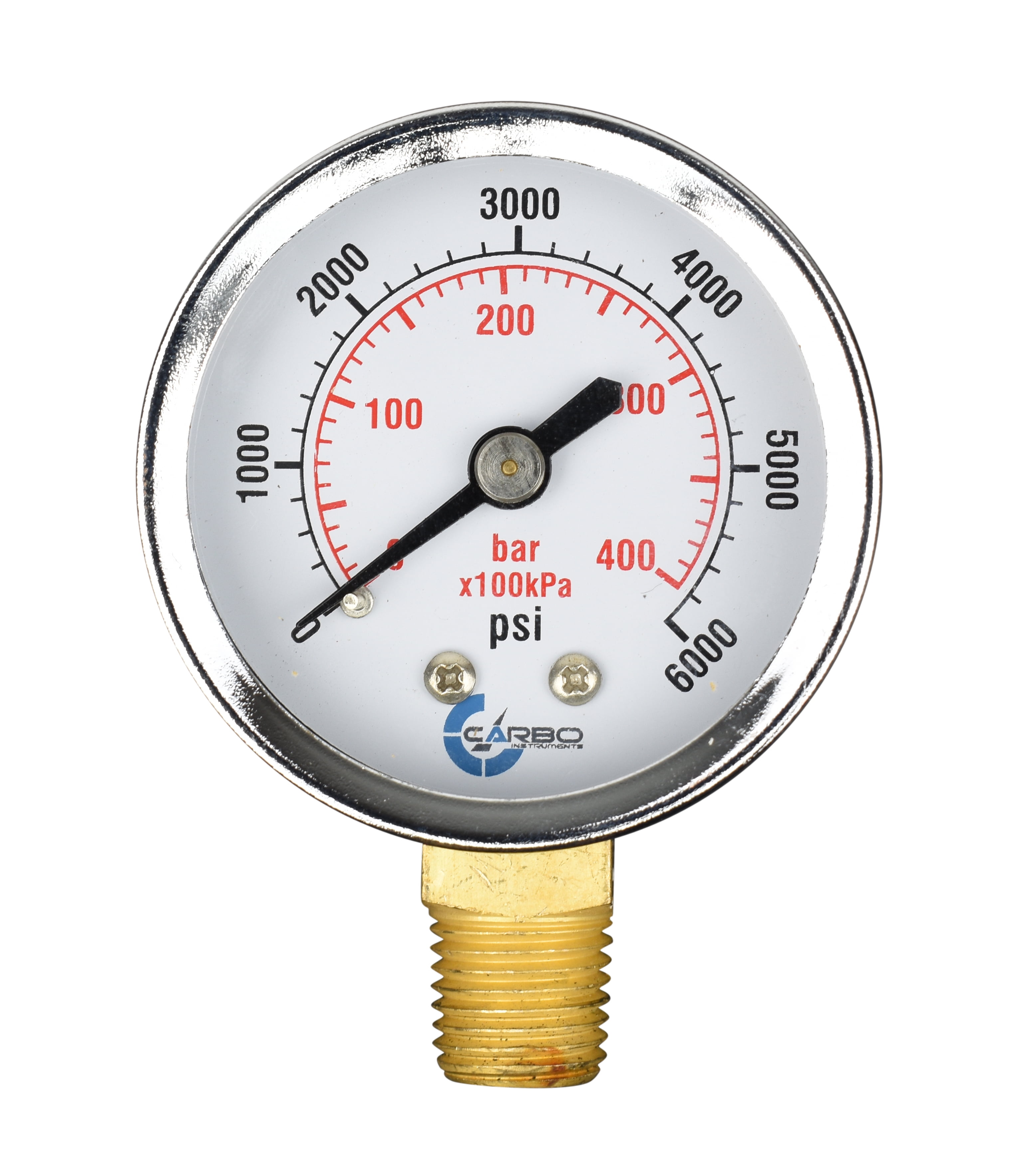 CARBO Instruments 2' Pressure Gauge, Chrome Plated Steel Case, Dry, 0-6000 psi/kPa, Lower Mount 1/4' NPT