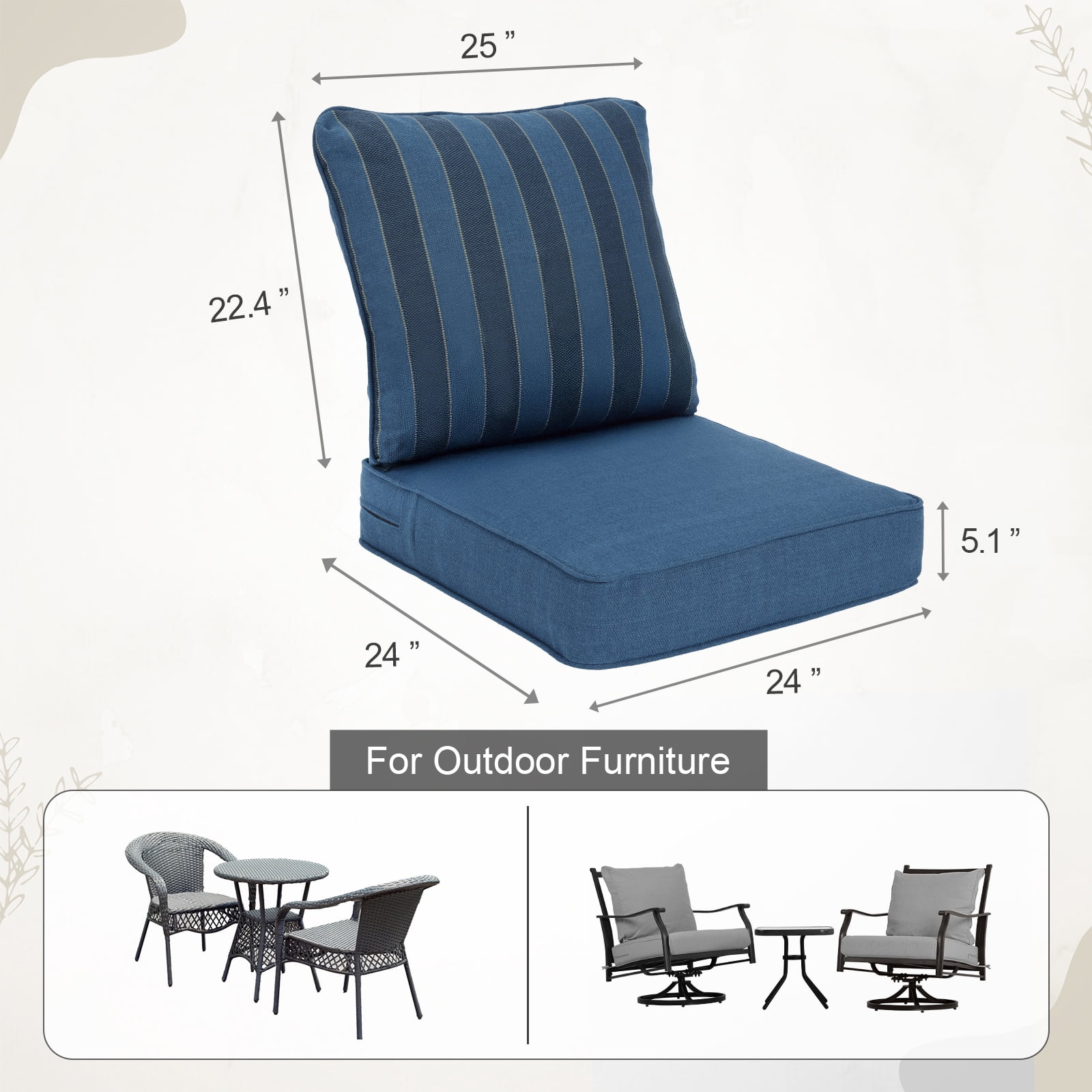 BPS 24x24x5 inch Outdoor Deep Seat Cushion, Water-Resistant Patio Furniture Cushions for Outdoor Chairs, Sofa, Couch, 2-Piece, Blue Striped