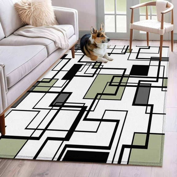 Sage Green Geometric Area Rug 3x5 Washable Rug Non Slip Simple Black Gray Abstract Striped Large Area Rug Indoor Floor Carpet for Entryway Bedroom Kitchen Living Room Home Office Dining Room Nursery