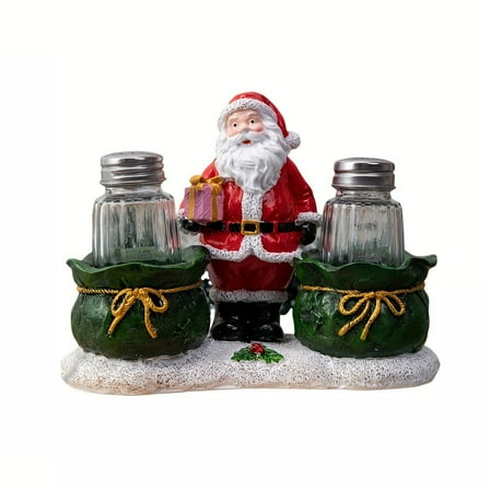 Santa Claus Seasoning Jars Set Resin Statue and 2 Glass Storage Canister Christmas Salt and Pepper Shakers Kit for Kitchen Dining Room Decor