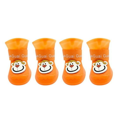 4Pcs Pet Rain Boots Monkey Print Waterproof Lightweight Cartoon Pattern Fastener Tape Dog Shoes for Outdoor