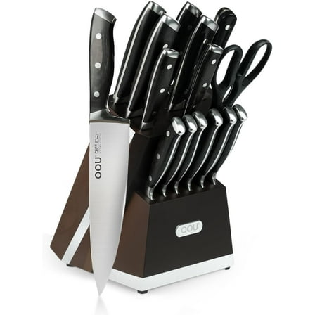 OOU 15-Piece Kitchen Knife Set with Block, German Stainless Steel Knife Blcok Set with Sharpening Rod, Ergonomic Wood Handle, Premium Cutlery Set with Steak Knives