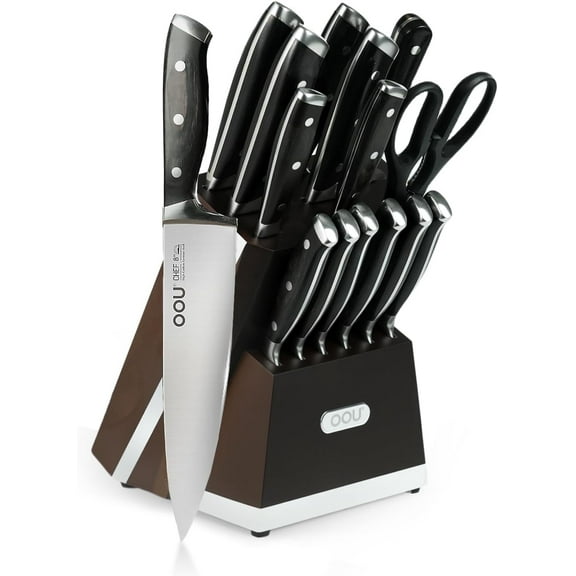 OOU 15-Piece Kitchen Knife Set with Block, German Stainless Steel Knife Blcok Set with Sharpening Rod, Ergonomic Wood Handle, Premium Cutlery Set with Steak Knives