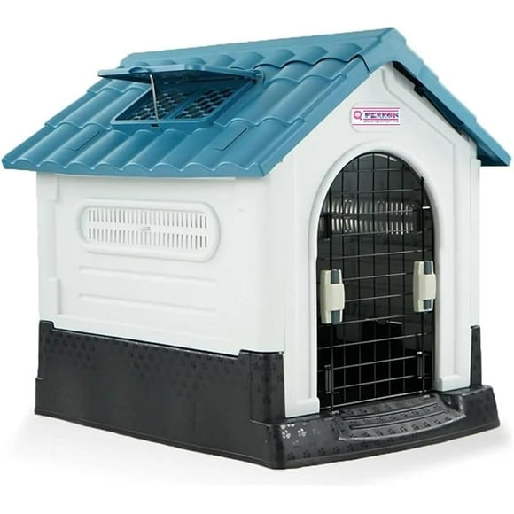 Casa Q PERRON Para Perro Grande Con Puerta Techo Azul