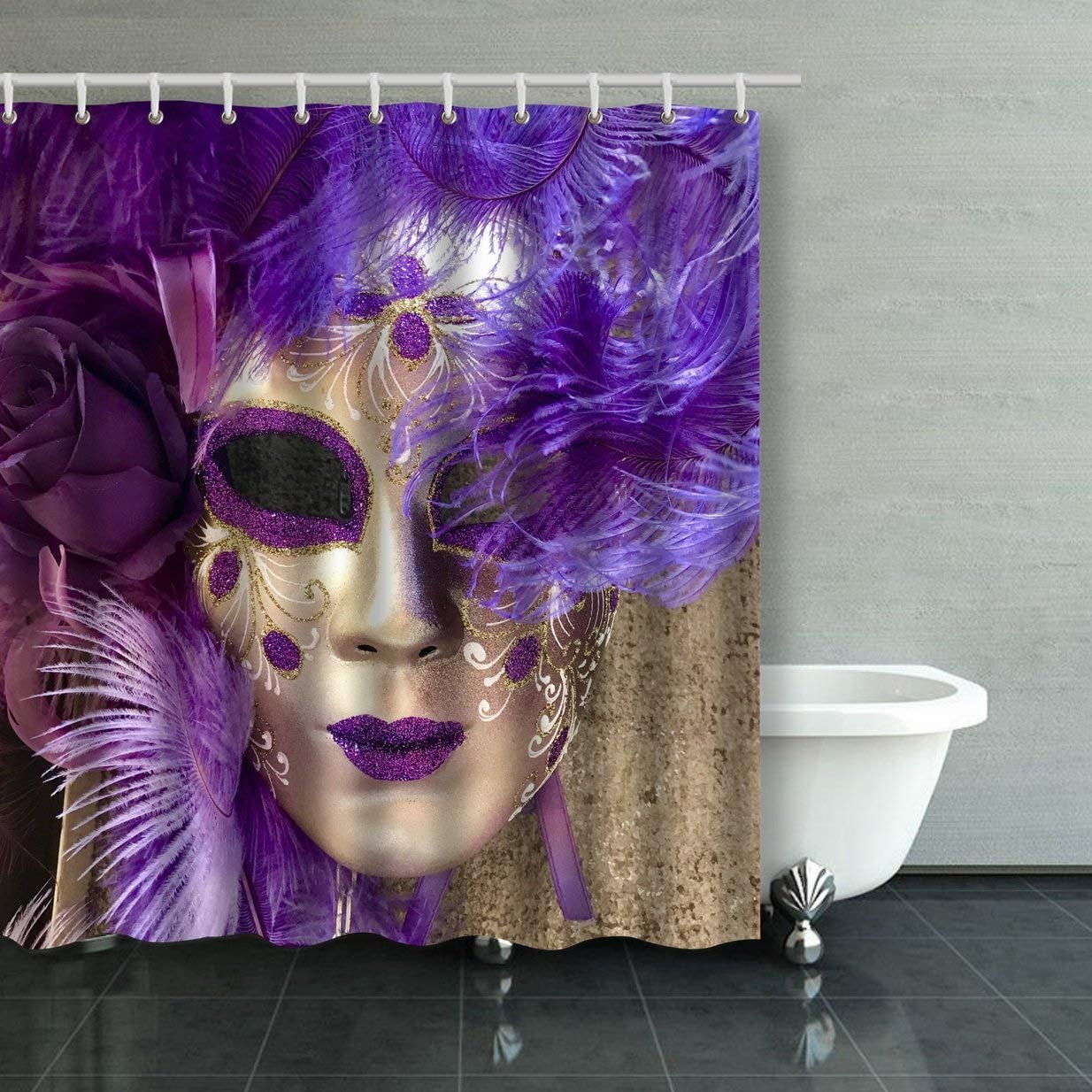ARTJIA Purple And Gold Carnival Masquerade Mask Shower Curtain