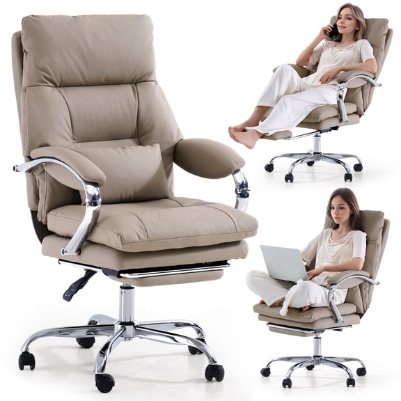 LEAGOO Office Chair with Foot Rest, Reclining Ergonomic Executive Office Chair with Armrests, High Back PU Leather Comfy Swivel Computer Chair with Wheels 300lbs, Tan