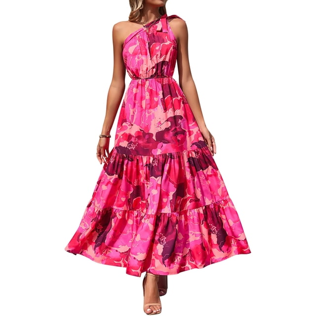 Vestido maxi floral de un solo hombro para mujer PRETTYGARDEN en rojo rosa
