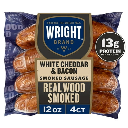Wright Brand Real Wood Smoked White Cheddar & Bacon Smoked Sausage, 12 oz, 4 Count (Refrigerated)