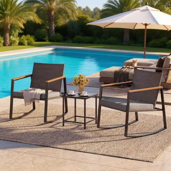 3 Pieces Patio Furniture Set, Aiho Wicker Patio Table and Chairs Set with Coffee Table for Outdoor Garden, Balcony, Poolside, Gray Cushion