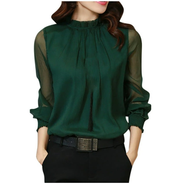 AherBiu Hauts de Sortie pour Femmes en Chiffon à Volants Col Haut Transparent Manches Longues Blouse à Manches Élastiques