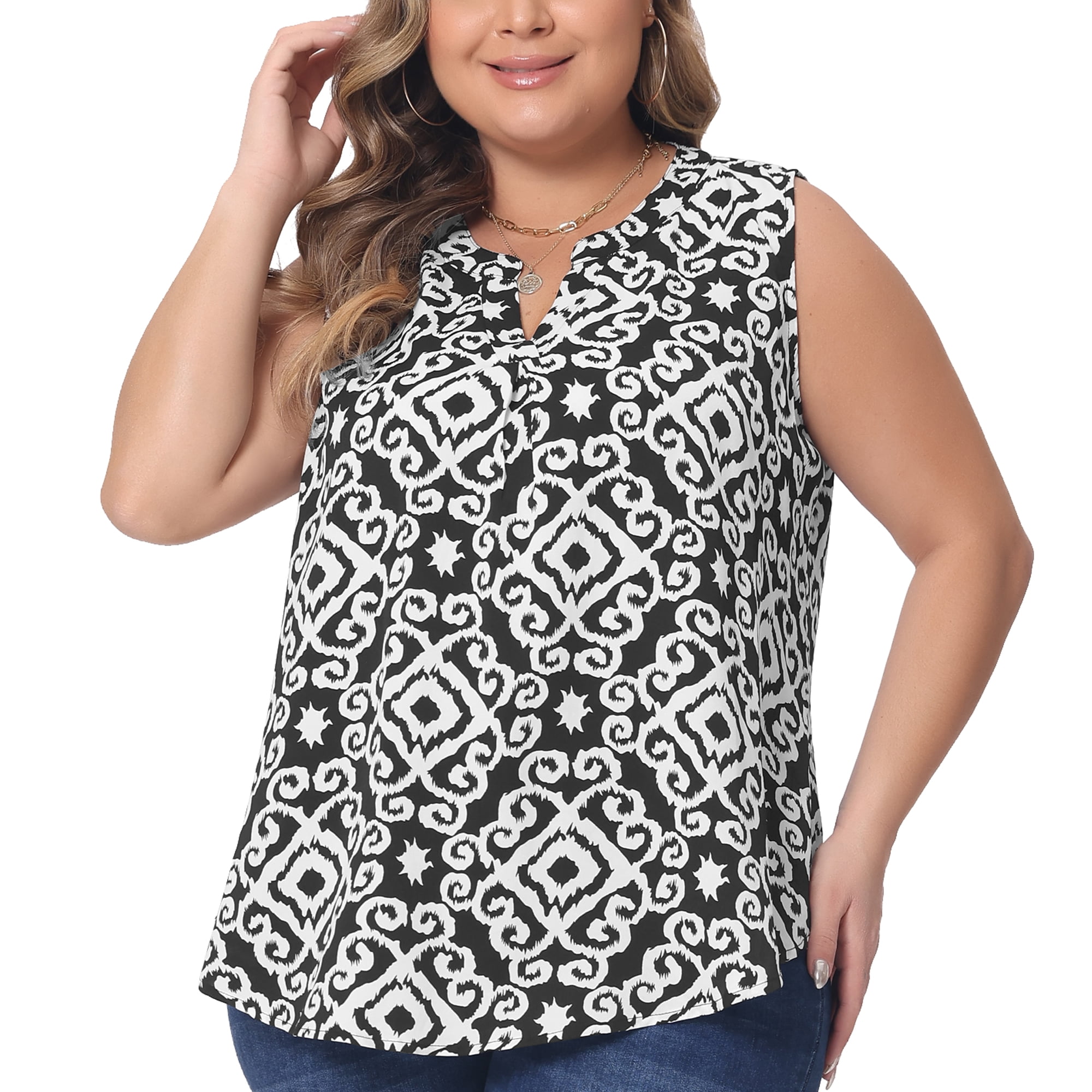 DARING DIVA Women's Plus Sleeveless Floral Print V Neck Tank Top 1X Black