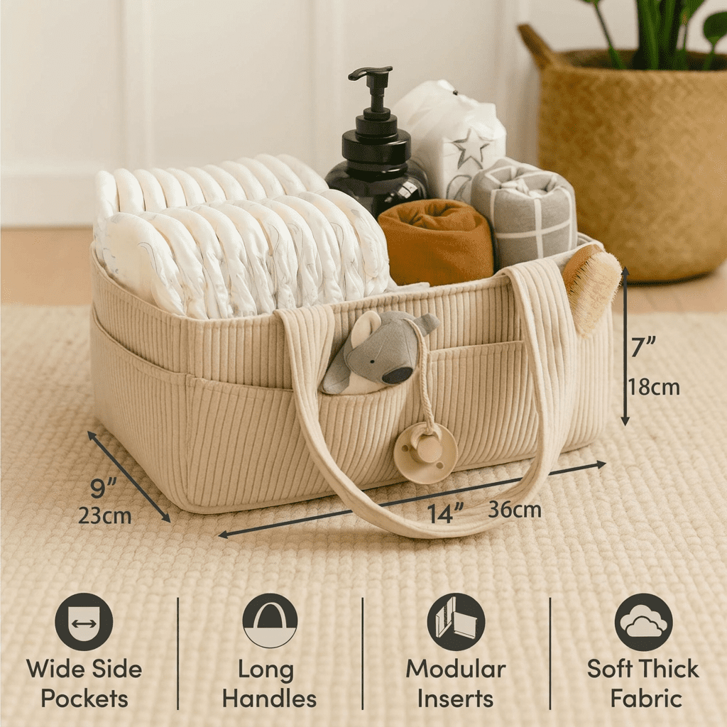 HUJHKIO Diaper Caddy Organizer with Removable Divider, Lightweight Nursery Storage Bin with Handle & 6 Pockets for Wipes, Baby Essentials, Portable Changing Station for Newborn, Travel, Cream