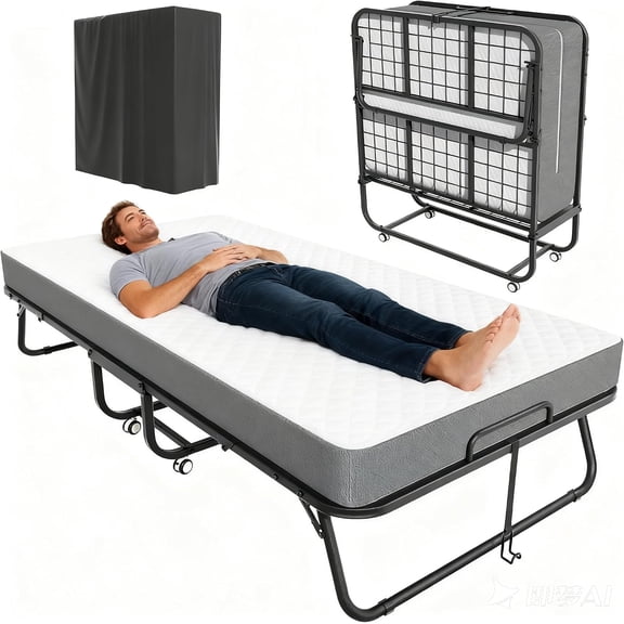 Folding Bed with Mattress, 75"x31" Roll Away Frame, 5" Memory Foam