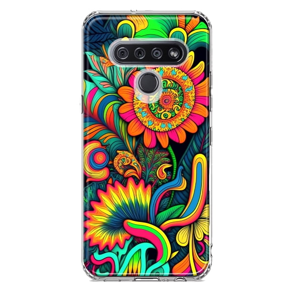 MUNDAZE LG K51 Shockproof Clear Hybrid Protective Phone Case Neon Psychedelic Indie Hippie Sunflowers Cover