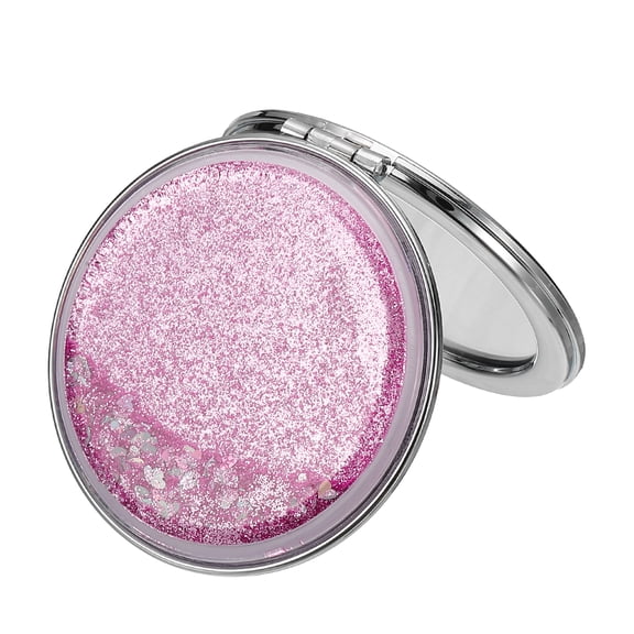 Uxcell Glitter Pocket Mirror, 1x/2x Round Magnifying Double-Sided Portable Folding Hand-held Compact Makeup Mirror with Moving Sand for Women Girls Purse Handbag Accessories, Pink